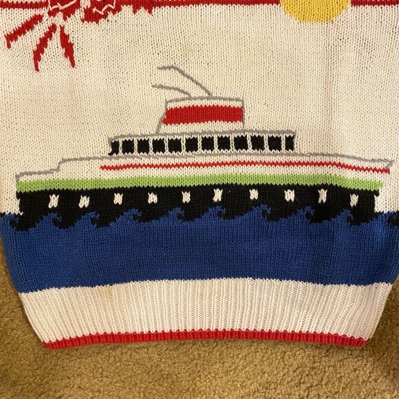 Vintage80s Cruise Wear Sweater Ships Tropical Palms All Around Ramie/Cotton L - Picture 11 of 11